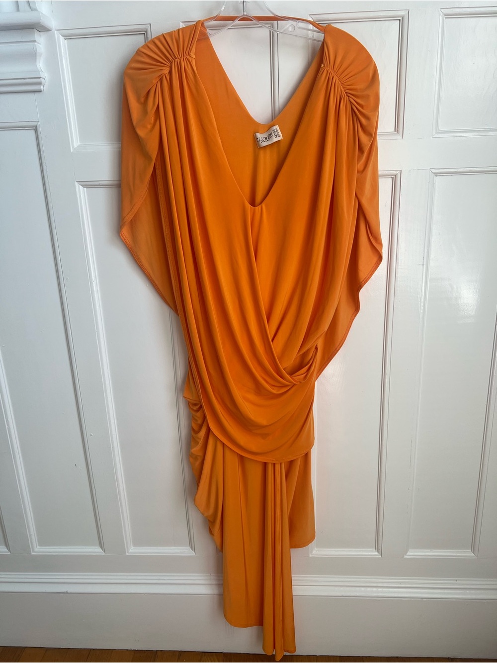 Club L London Orange Asymmetrical Draped V-Neck Dress